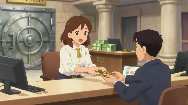 Visual representation of "bank" - A business that keeps money for customers, lends money to them and exchanges currencies.