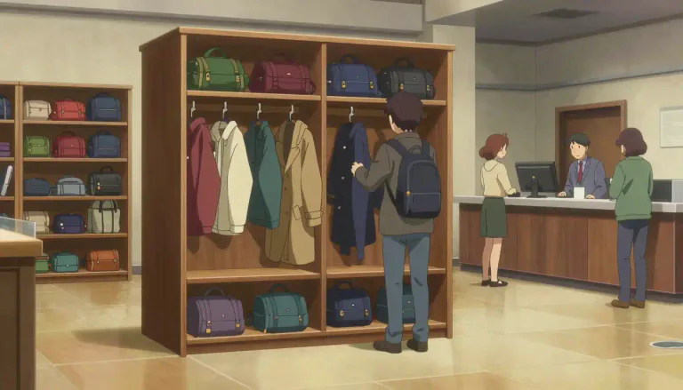 Visual representation of "cloakroom" - A room in a public place where coats and other items can be left for a short time.
