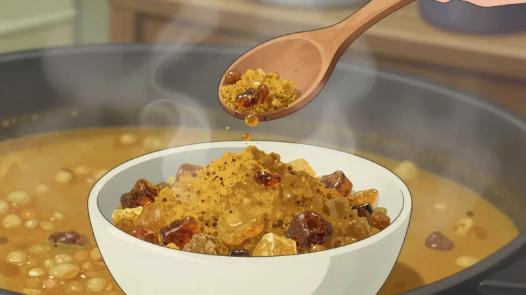 Visual representation of "asafoetida" - A strong-smelling spice made from the resin of a plant, used in cooking for flavoring, particularly in Indian cuisine.
