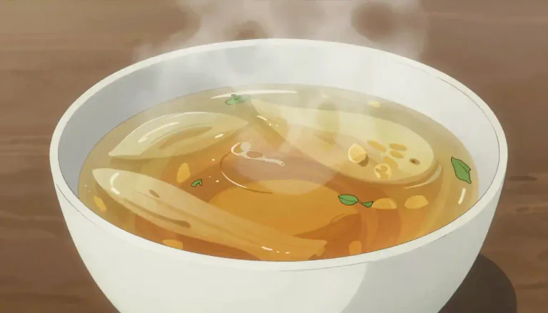 Visual representation of "bouillon" - A clear, thin soup made from meat or vegetables, often served as a starter in a meal.