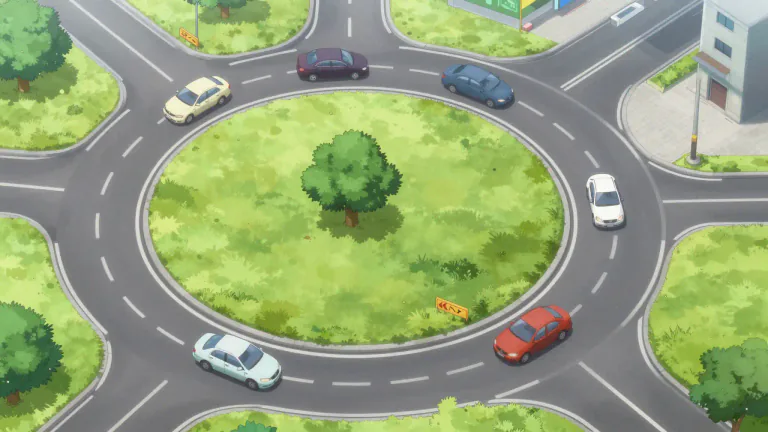 Visual representation of "roundabout" - A circular place in a road where three or more roads meet and traffic must go around it to get to the road they need