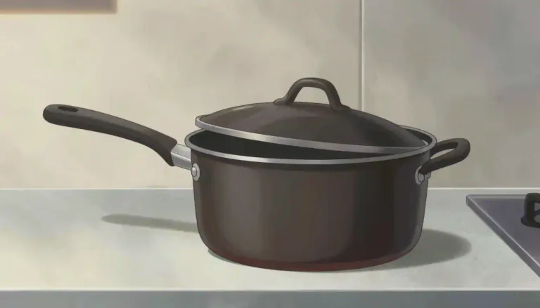 Visual representation of "saucepan" - A deep round cooking pot with a handle and lid.