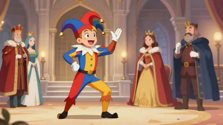 Visual representation of "jester" - A person in the past who was employed by a king or queen to entertain by telling jokes and performing tricks.