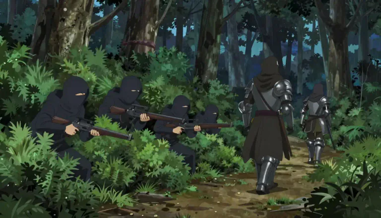 Visual representation of "bushwhack" - To ambush someone, typically in a deceptive manner.