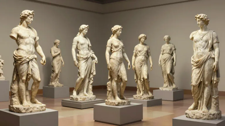 Visual representation of "statuary" - Sculptures or carvings of figures, especially made from stone
