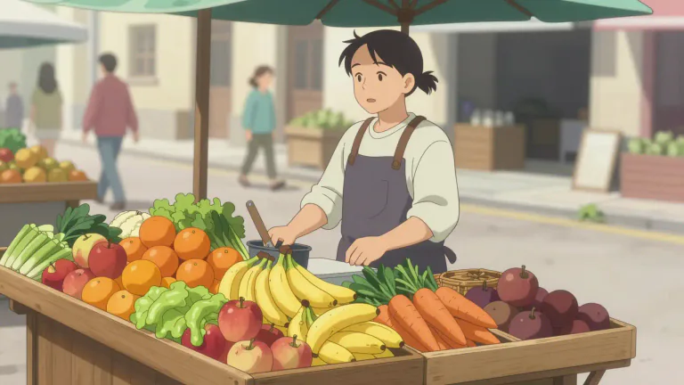 Visual representation of "costermonger" - A person who sells fruits and vegetables on the street