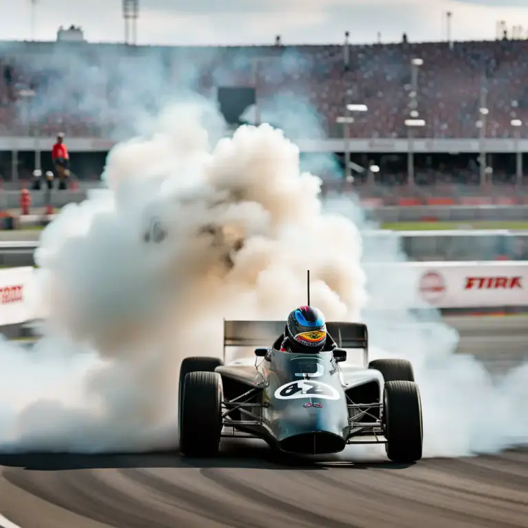 Visual representation of "burnout" - In motorsport, spinning the wheels of a vehicle while keeping it stationary to heat and clean the tires.