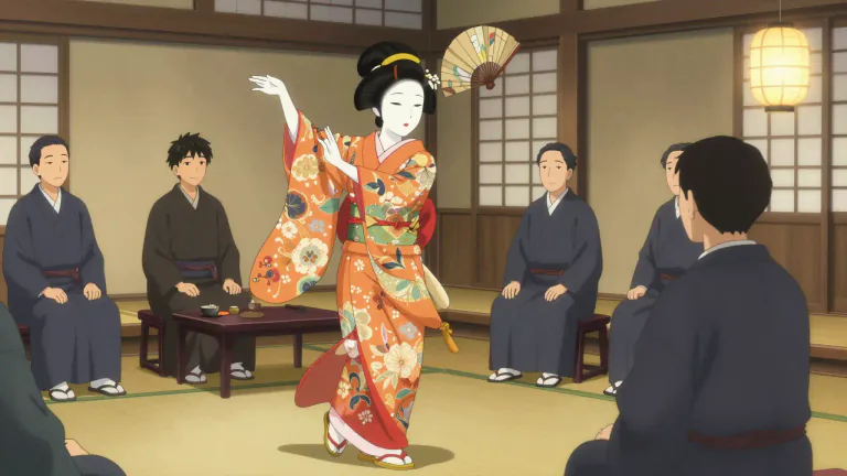 Visual representation of "geisha" - A Japanese woman who is trained to entertain men with conversation, dancing, and singing.