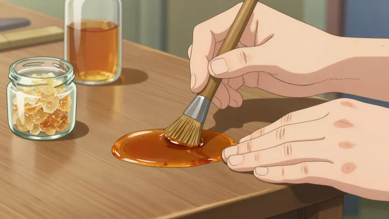 Visual representation of "shellac" - A high-gloss, clear or colored material from insects dissolved in alcohol, for use in wood finishes and other applications