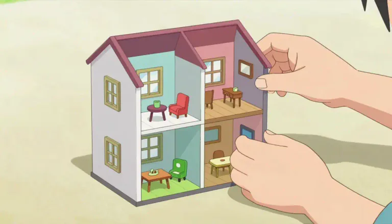 Visual representation of "dollhouse" - A small model of a house designed for dolls to be played with by children.