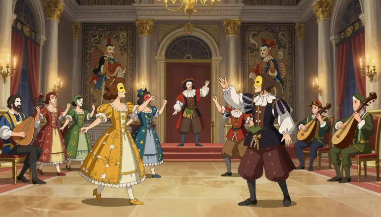 Visual representation of "masque" - A type of entertainment in the 16th and 17th centuries that includes music, acting, and dancing.