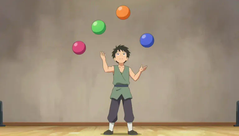 Visual representation of "juggler" - Someone who can keep throwing and catching multiple objects in the air at the same time.