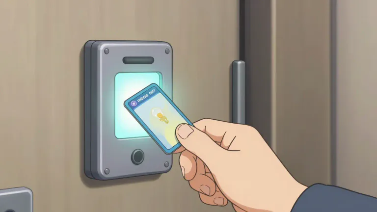 Visual representation of "keycard" - A keycard is a small plastic card that gives access to a door or a secure area when it is swiped or tapped against a reader.