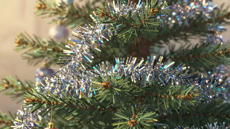 Visual representation of "tinsel" - Thin strips of shimmery material used for decoration, especially around Christmas.
