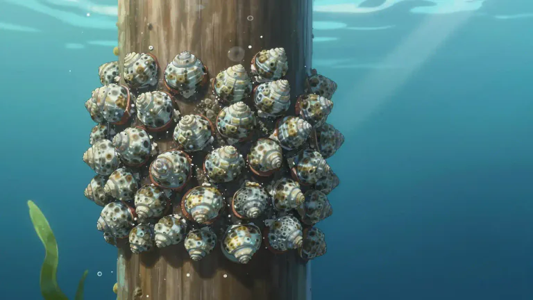 Visual representation of "barnacle" - A small sea creature that has a shell and attaches itself to underwater surfaces.