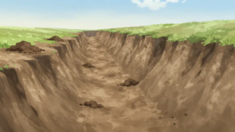 Visual representation of "trench" - A long, narrow hole that is dug into the ground