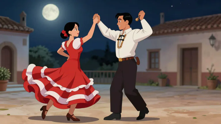 Visual representation of "fandango" - A lively Spanish dance for two people, usually performed with castanets or tambourines