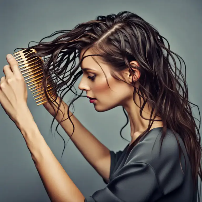 Visual representation of "comb out" - To remove something, like knots or tangles, from your hair by using a comb