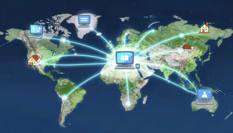 Visual representation of "internet" - A system that connects computers around the world. It lets you access information, communication, etc.