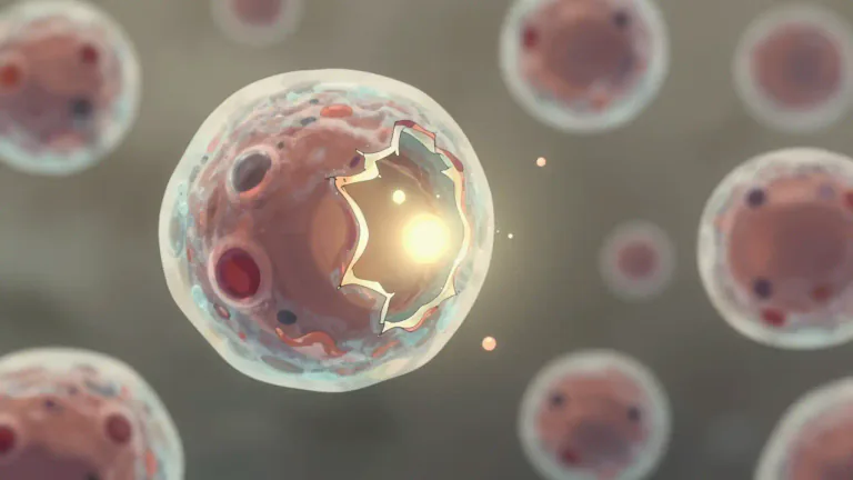 Visual representation of "lyse" - To cause the destruction of a cell by breaking its membrane.
