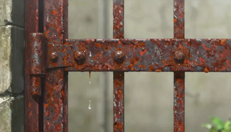 Visual representation of "corrosion" - The process where metal, stone, or other materials slowly break or wear away by chemical reactions, usually caused by water, air, or acid.