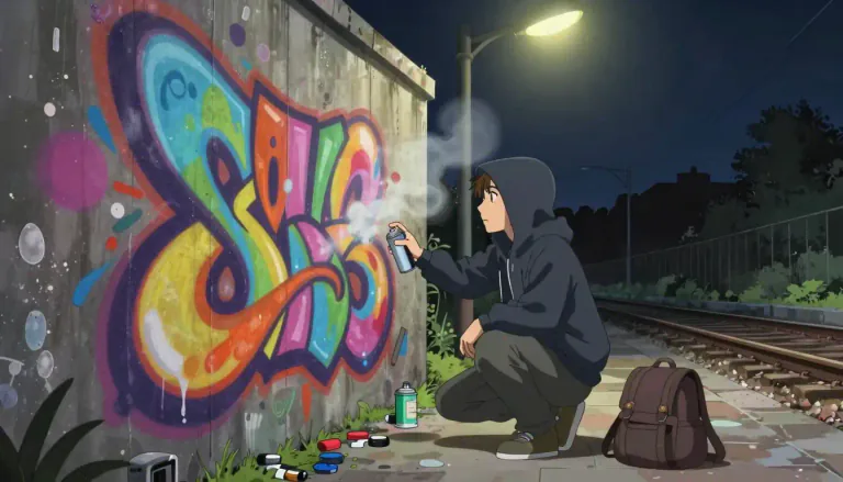 Visual representation of "tagger" - A person who paints graffiti or signatures (tags) on a public surface.