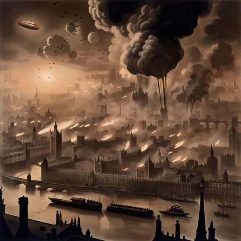 Visual representation of "blitz" - The heavy bombing of a city, especially in World War II