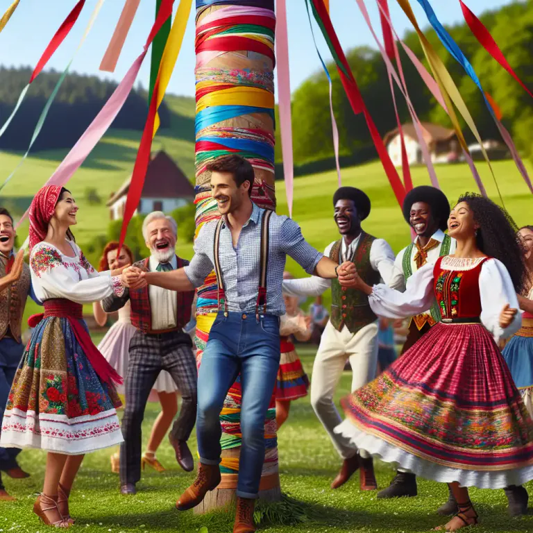 Visual representation of "maypole" - In old English tradition, a high pole intimately bound to various folk/religious festivities