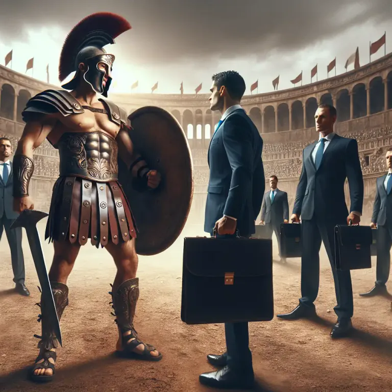 Visual representation of "gladiatorial" - Aggressively competitive or combative, likened to the brutal contests of ancient Roman gladiators.
