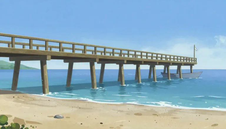 Visual representation of "pier" - A platform built on pillars or girders leading out from the shore into a water body, used as a landing stage for boats.
