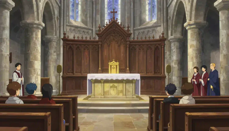 Visual representation of "chancel" - The part of a church near the altar, reserved usually for the clergy and choir, and typically separated from the nave by steps or a screen