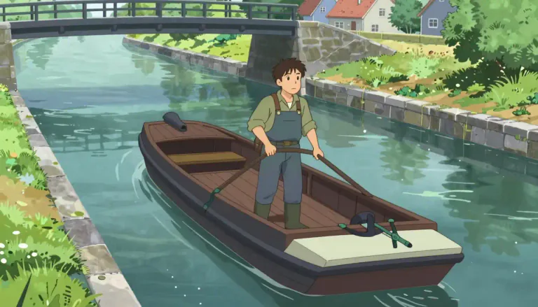 Visual representation of "bargee" - A person who lives or works on a barge, a long flat boat used on canals and rivers.