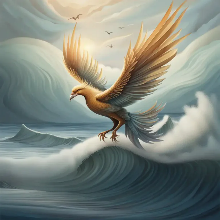 Visual representation of "halcyon" - Relating to the halcyon, a mythical bird said to calm the winds and waves.