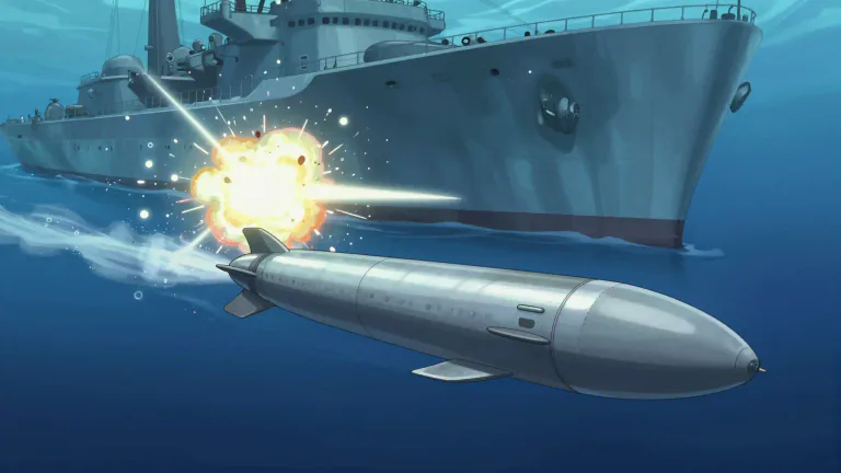 Visual representation of "torpedo" - A weapon that moves underwater and explodes when it hits a ship or submarine