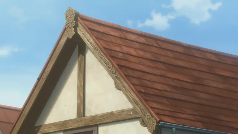 Visual representation of "bargeboard" - A decorative board fixed to the gable end of a roof, hiding the ends of the horizontal roof timbers.