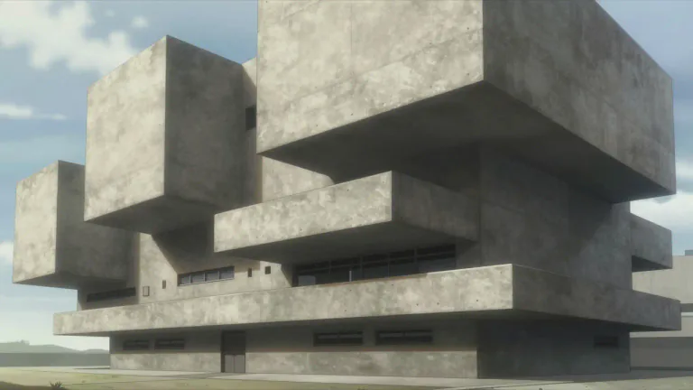 Visual representation of "brutalism" - A style of architecture which became popular in the mid-20th century, characterized by block-like, often geometric designs and raw, exposed concrete.