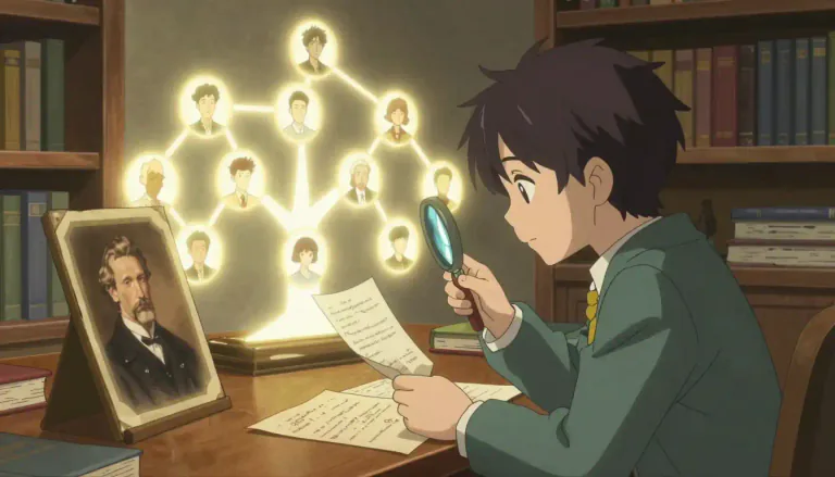 Visual representation of "genealogist" - A person who studies, researches, and finds information about family history and ancestors.