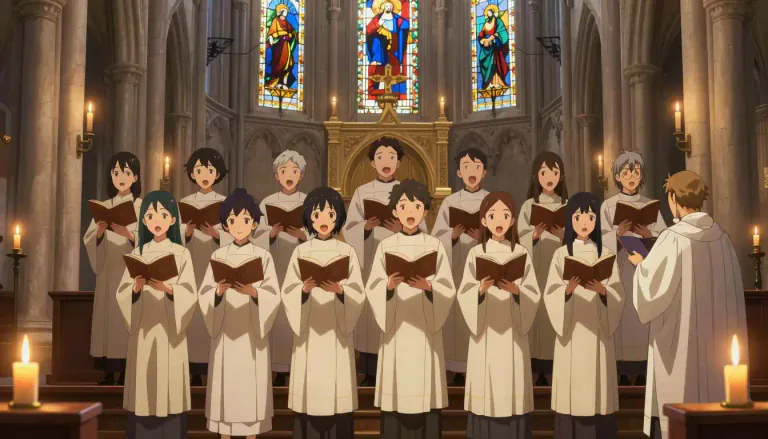 Visual representation of "psalmody" - The singing or reciting of religious psalms, especially in a formal setting.