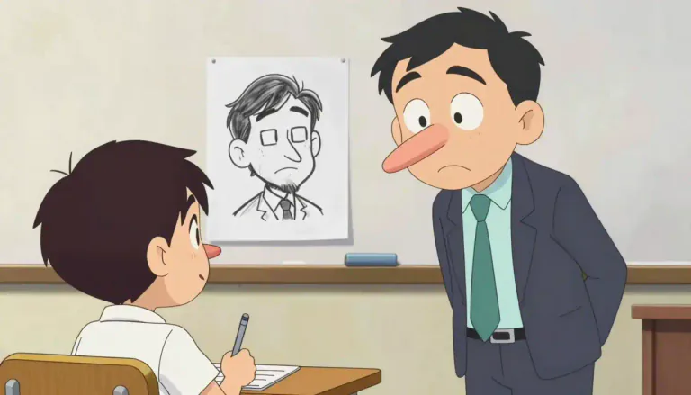Visual representation of "caricature" - An exaggerated picture or description that is meant to make someone or something look funny or unattractive.