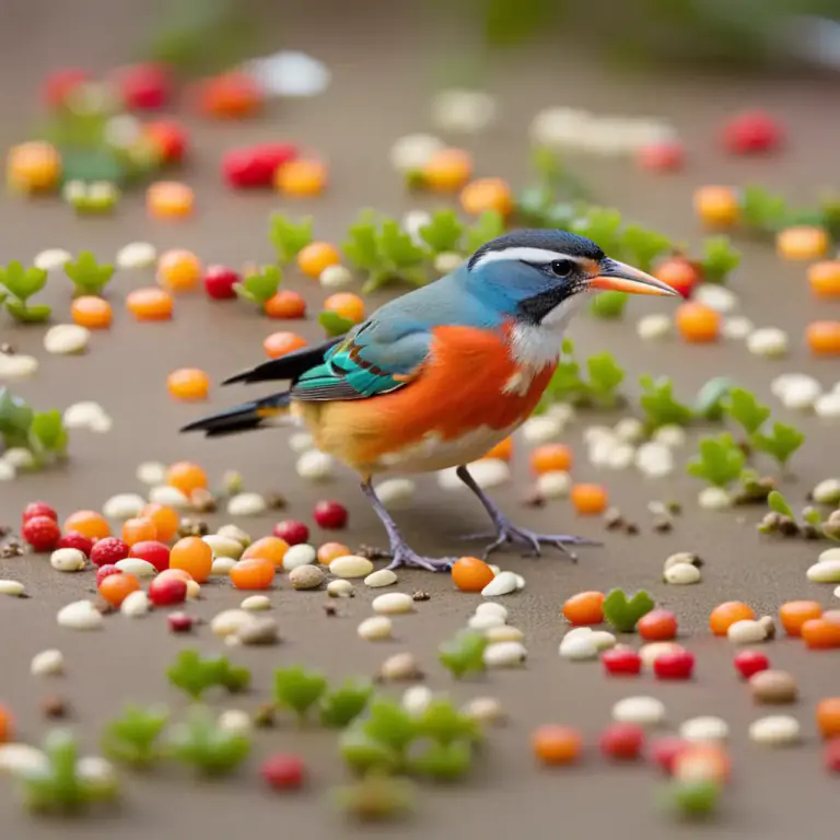 Visual representation of "peck at" - To eat food by taking small, quick bites
