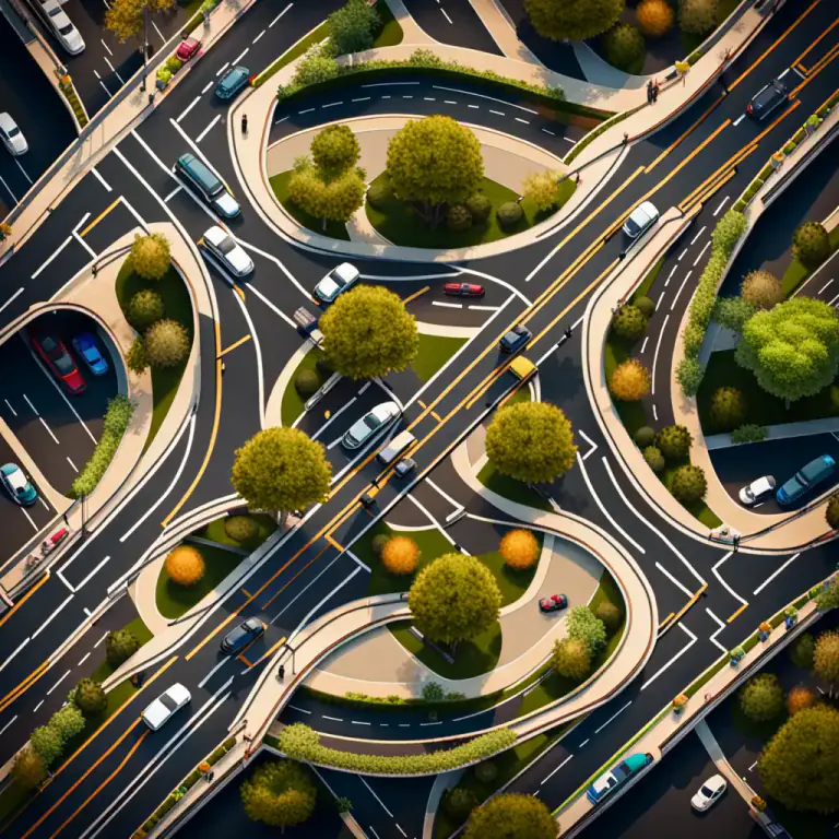 Visual representation of "rotary" - A circular intersection of roads where traffic must travel in one direction around a central island to reach any of the roads that the rotary intersects.