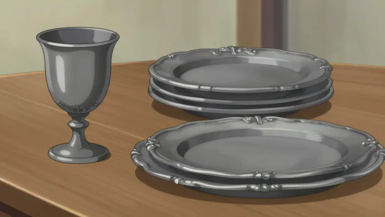 Visual representation of "pewter" - A type of metal that is shiny, gray and often used to make decorative items, dishes or utensils.