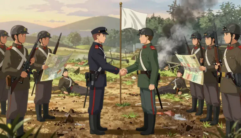 Visual representation of "armistice" - An agreement made by opposing sides in a conflict, especially a war, to stop fighting for a certain time
