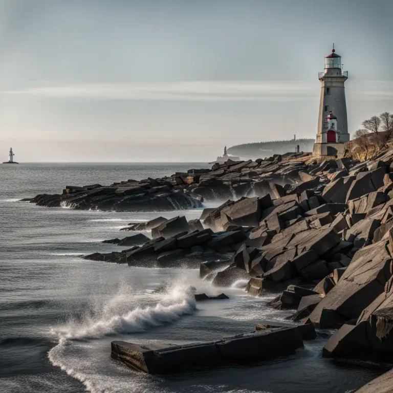 Visual representation of "on the rocks" - Situated on a rocky area or coastline