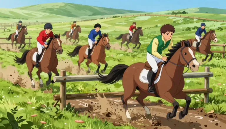 Visual representation of "steeplechase" - A horse race over a course with fences and ditches to be jumped.