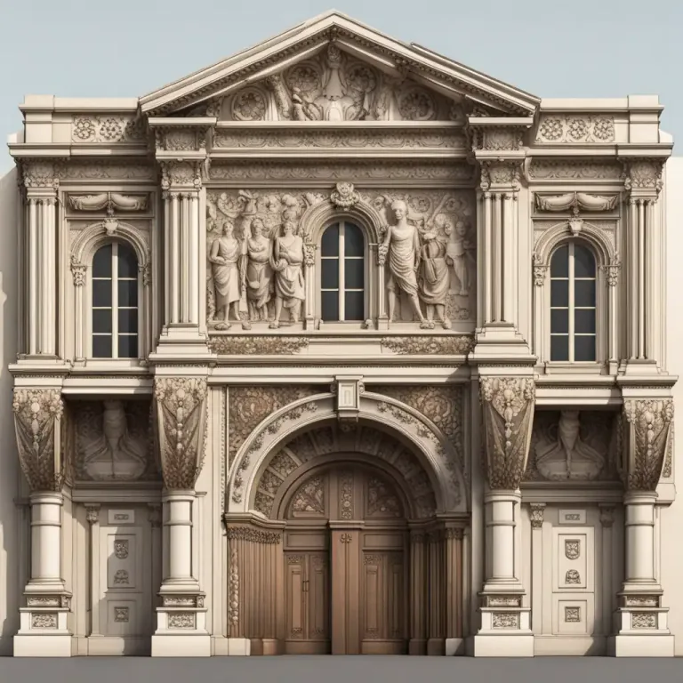 Visual representation of "tympanum" - The big vertical area in a classical building, usually containing a sculpture or painting.