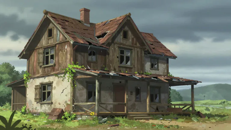 Visual representation of "ramshackle" - A place or object in a state of severe disrepair