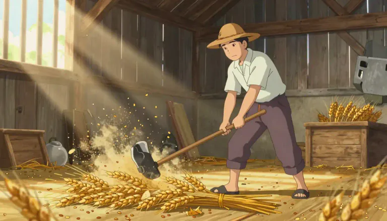 Visual representation of "thresh" - To separate grain from (a plant), typically with a flail or by the action of a revolving mechanism.