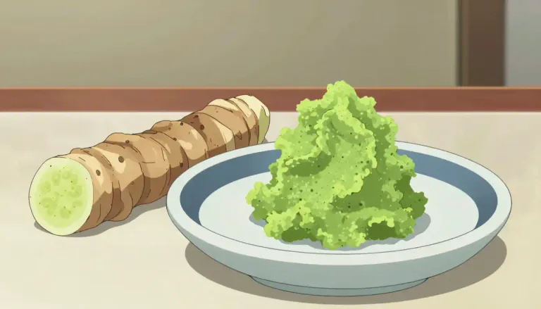 Visual representation of "wasabi" - Wasabi is a green condiment made from the paste of the root of Wasabia japonica, often used in Japanese dishes.