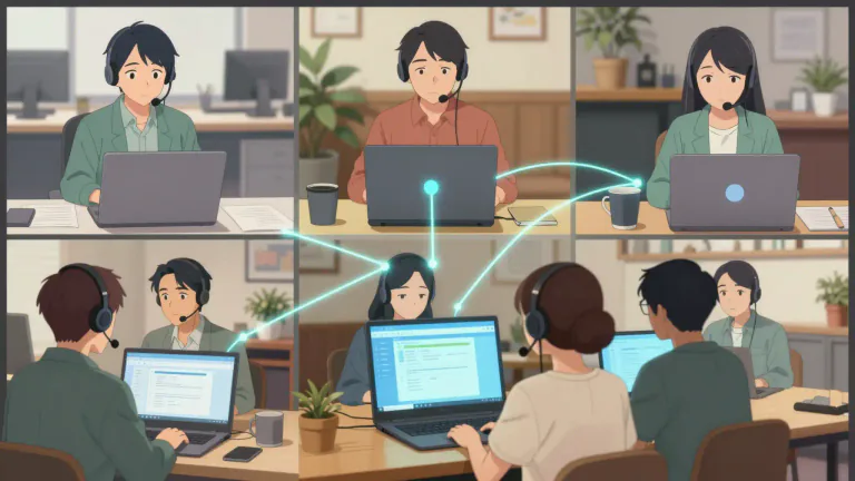 Visual representation of "teleconferencing" - A meeting that people at different places have by using telephones or computers and the internet.
